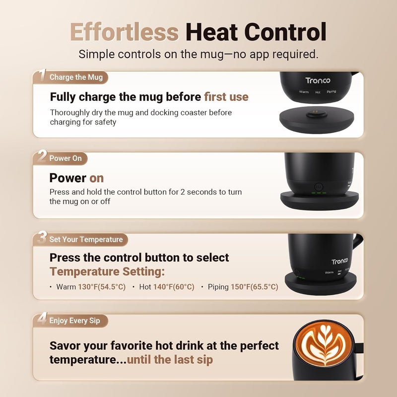 tronco Temperature Control Heated Coffee Mug 14 oz – Rechargeable Self-Heating Coffee Cup with Lid – Manual Control, 3 Modes, 130 Min Battery Life, Auto Shut-Off (Rose) - Image 3